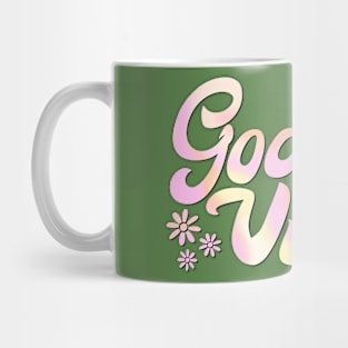 Groovy Vibes: 70s-inspired Art with Pink & Yellow Text and Smiley Face Mug